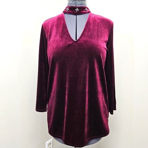 Lord & Taylor choker-neck, burgundy velvet top. - Picture 1 of 9